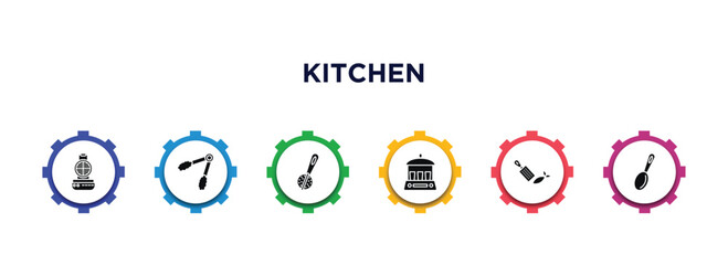 kitchen filled icons with infographic template. glyph icons such as waffle iron, tongs, tea infuser, yogurt maker, zester, tablespoon vector. - obrazy, fototapety, plakaty