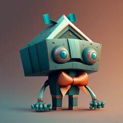Fototapeta premium cartoon octane render picture of a robot with a house for a head wearing a teal and orange suit and bow tie