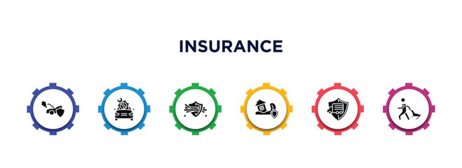 insurance filled icons with infographic template. glyph icons such as engine problems, vehicle repair, hospitalization, disaster, transport insurance, bite vector.