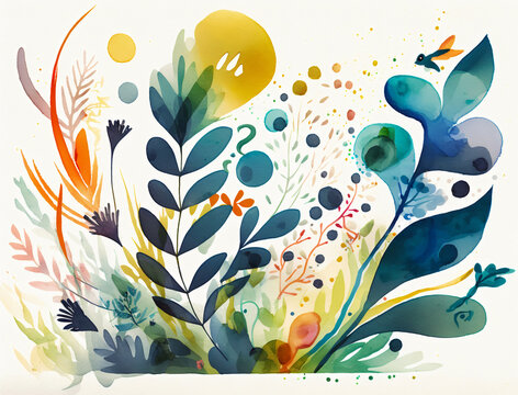 Illustration aquarelle abstraite de plantes évoquant le printemps.