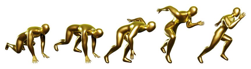 3d run gold stickman figure. Body postures from start to run. With a slightly sideways view