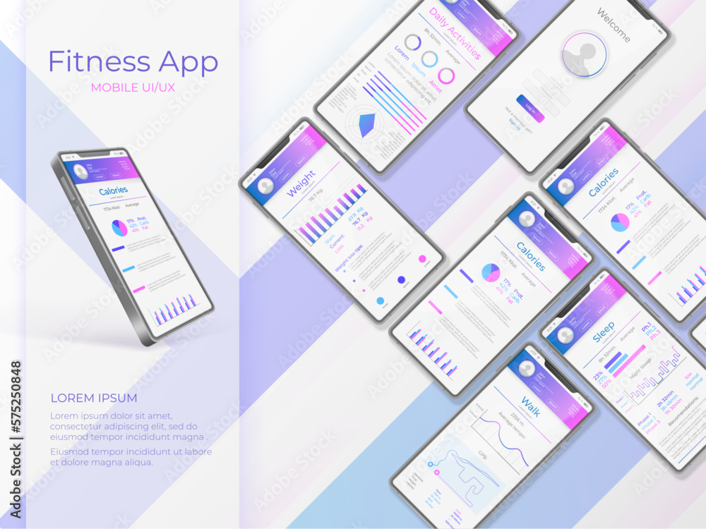 Aufkleber 3d fitness app. android application design mockup. web trends. mobile ux. smartphone running infogra