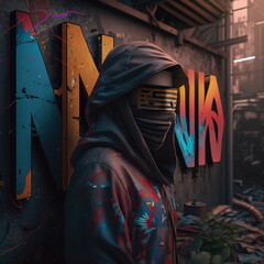 Modern street ninja doing graffiti. AI Generated