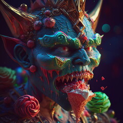 Close up of scary psychedelic clown goblin face. AI Generated