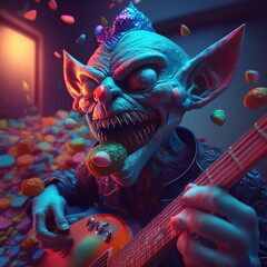 Scary psychedelic clown goblin playing guitar. AI Generated