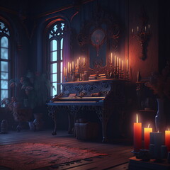classic wall piano with lit candles in a minimalist dark fantasy background. AI Generated