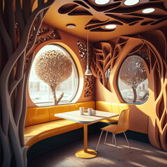 futuristic cafe restaurant interior with yellow chair against window with garden view. AI Generated