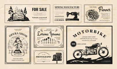 Vintage old newspaper. Retro ad frame. Advertising paper template. Journal texture. Press style for text layout. Newsletter advertisement borders set. Vector illustration background © SpicyTruffel