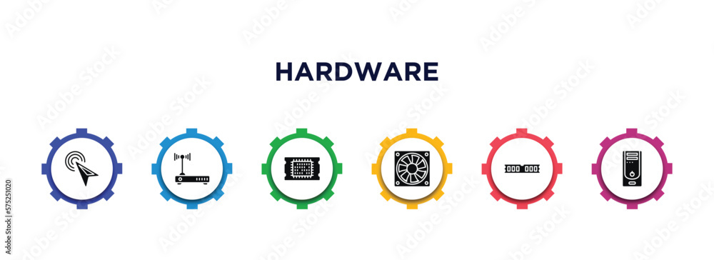 Poster hardware filled icons with infographic template. glyph icons such as mouse pointer, hardware hotspot