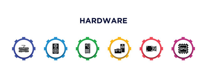 hardware filled icons with infographic template. glyph icons such as keyboard wire, loudspeakers, computer case, device manager, cd room, gpu vector.