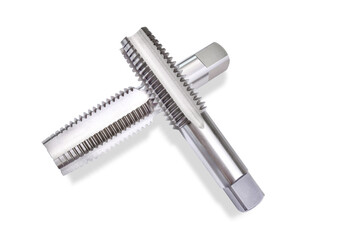 tap metalwork tool for cutting metal threads right screws. Material high speed steel. Isolate on black background.
