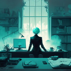 Blue monotone illustration concept of future work environment with female employee. AI Generated.