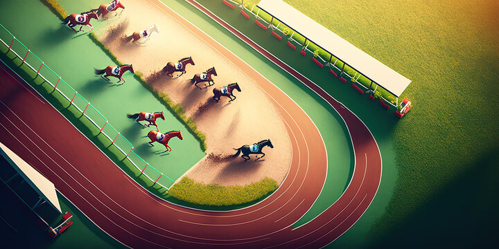 Aerial overhead view of a horse racing game - Generative AI