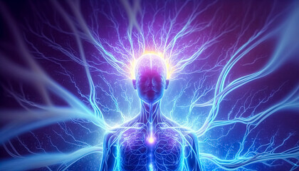 Generative AI illustration of a Exploring Spiritual Awakening and Meditation through Art, Human body with glowing neurons 