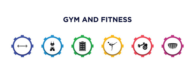 gym and fitness filled icons with infographic template. glyph icons such as chest expanders, female sportwear, to do list, stretching leg exercise, fitness nutrition, bosu ball vector.