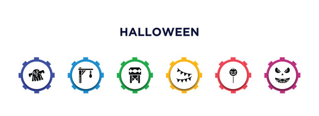 halloween filled icons with infographic template. glyph icons such as halloween ghost, gallows, pillory, halloween decoration, candy, pumpkin face vector.