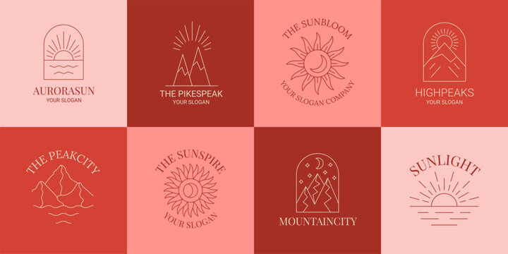 Sun, mountain boho logo, nature icons. Alchemy or esoteric minimalist moon, line bohemian or celestial emblems, logotype template. Elegant line isolated elements. Vector minimal illustration
