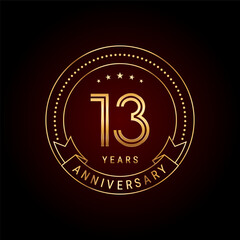13th year anniversary celebration. Anniversary logo design with golden number and text. Logo Vector Template