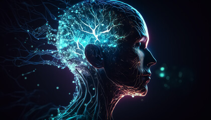 Generative AI illustration of a Exploring Spiritual Awakening and Meditation through Art, Human head with glowing neurons 