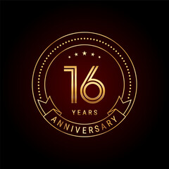 16th year anniversary celebration. Anniversary logo design with golden number and text. Logo Vector Template