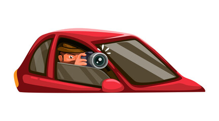 Paparazzi takes photos from inside the car. stalker scene vector