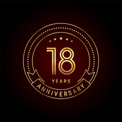 18th year anniversary celebration. Anniversary logo design with golden number and text. Logo Vector Template