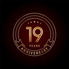 19th year anniversary celebration. Anniversary logo design with golden number and text. Logo Vector Template