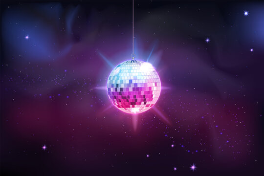 Neon dance star, disco ball. Light night space, glow planet, fantasy music galaxy. Hanging discoball glowing. 3d isolated elements. DJ discotheque background. Vector illustration concept