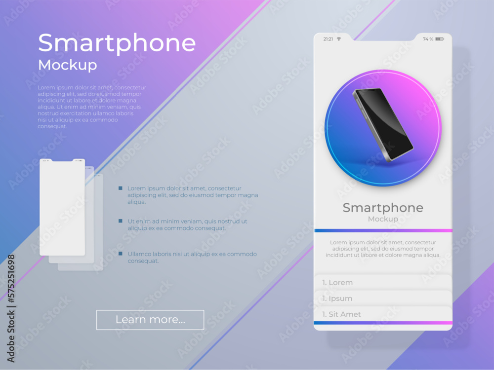 Poster 3D mobile phone. Telephone or smartphone. IT application. Website realistic mockup. Wireless communication. Device presentation banner. Gadget interface. UI design. Vector digital concept
