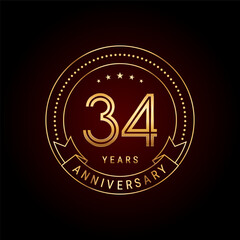 34th year anniversary celebration. Anniversary logo design with golden number and text. Logo Vector Template