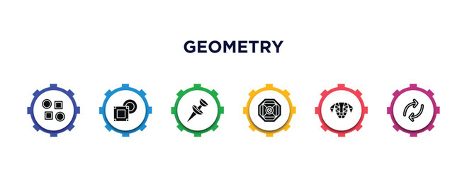 geometry filled icons with infographic template. glyph icons such as array, , push pin, ennegon, polygonal dog, reverse vector.