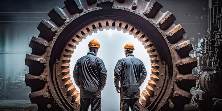 Two engineers seen through a large cogwheels - Generative AI