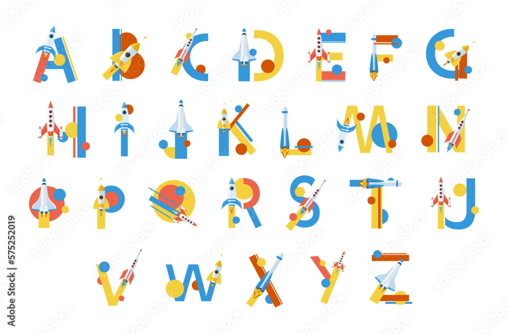 Fototapete spaceship font english alphabet abc letters vector flat childish calligraphy educational typescript
