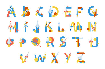 Fototapeta na wymiar Spaceship font English alphabet abc letters vector flat childish calligraphy educational typescript
