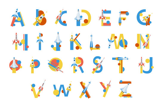 Spaceship font English alphabet abc letters vector flat childish calligraphy educational typescript