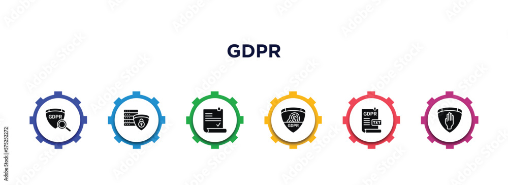 Poster gdpr filled icons with infographic template. glyph icons such as transparency, data processing, cons