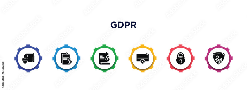 Poster gdpr filled icons with infographic template. glyph icons such as portfolio, documentation, code of c