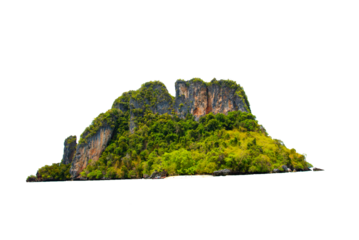 Mountain trees on beautiful sea islands and isolated stones on PNG background