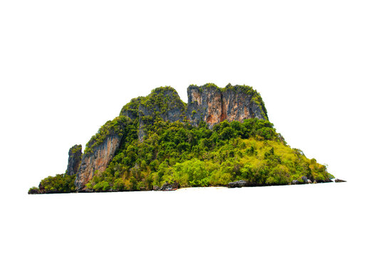 Mountain trees on beautiful sea islands and isolated stones on PNG background