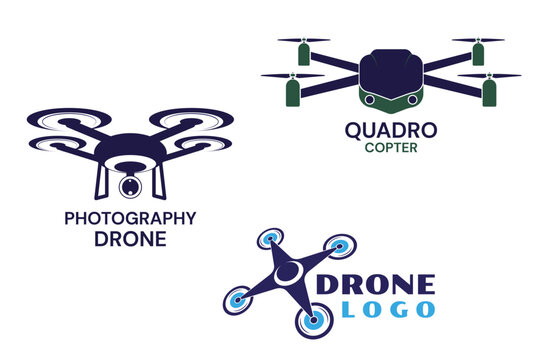 Drone logo. Icon of photography camera. Delivery aircraft helicopter. Spy quadcopter. Robotic vehicle. Wireless control. Aerial robot. Copter symbols design. Vector cartoon emblems set