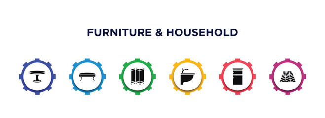 furniture & household filled icons with infographic template. glyph icons such as dining table, hassock, room divider, bidet, refrigerator, floor vector.