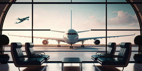 Empty airport terminal lounge with airplane - Generative AI - obrazy, fototapety, plakaty