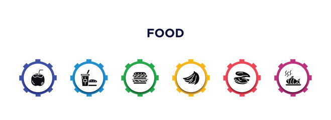 food filled icons with infographic template. glyph icons such as drink in a coconut, fast food restaurant, double burger, bananas, mussel, cooked fish vector.