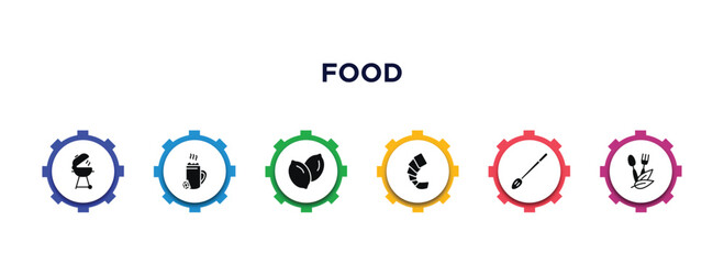 food filled icons with infographic template. glyph icons such as grill, hot chote, slot, shrimps, slotted spoon, organic food vector.