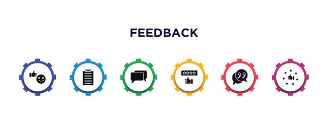 feedback filled icons with infographic template. glyph icons such as satisfaction, clipboards, comments, good review, testimonials, satisfied vector.