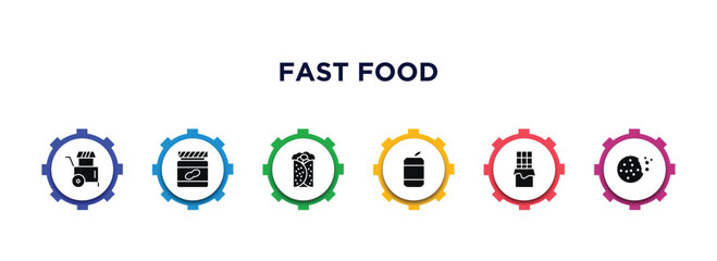 fast food filled icons with infographic template. glyph icons such as street food, peanut butter, burrito, can, chote, biscuit vector.