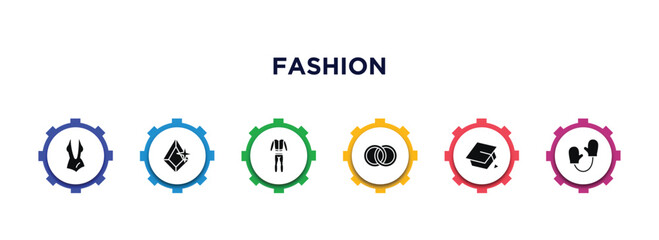 fashion filled icons with infographic template. glyph icons such as women swimsuit, precious stone, men tracksuit, fiance, college graduation cap, pair of mittens vector.