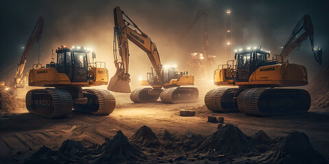 Many excavators work on construction site with night lights - Generative AI - obrazy, fototapety, plakaty