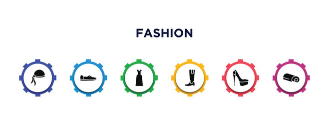 fashion filled icons with infographic template. glyph icons such as pirate scarf, shoe side view, elegante, hell, heel, cloth towel vector.