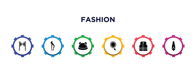 fashion filled icons with infographic template. glyph icons such as suspenders, tights, knit hat, tasbih, safety shirt, cloth vector.